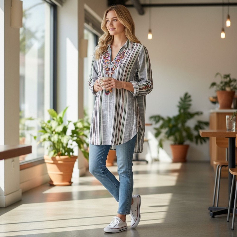 Soft Surroundings Tunic Boho Embroidered Cotton MED Top‎ Grey White Roll Tab